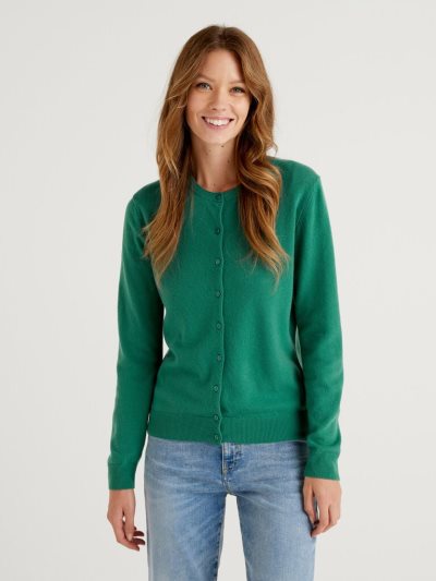 Dark Green Women's Benetton Crew Neck Pure Merino Wool Cardigan | AU073698