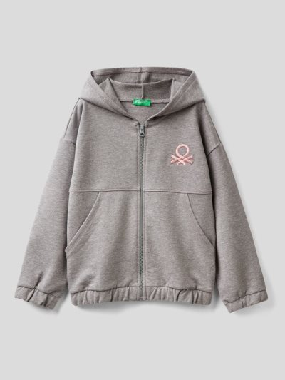 Dark Grey Kids' Benetton Warm Zip And Embroidered Logo Hoodie | AU571402