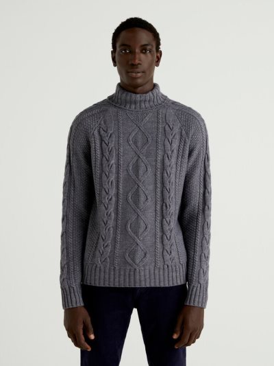 Dark Grey Men's Benetton Cable Motifs Turtleneck High Neck Sweaters | AU969823