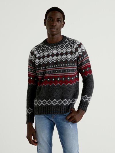 Dark Grey Men's Benetton Cashmere Blend Jacquard Crew Neck Sweaters | AU962772