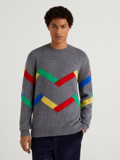 Dark Grey Men's Benetton Jccxucb Inlay Crew Neck Sweaters | AU356172