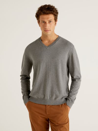 Dark Grey Men's Benetton Lightweight Cotton Blend V-neck Sweaters | AU578729