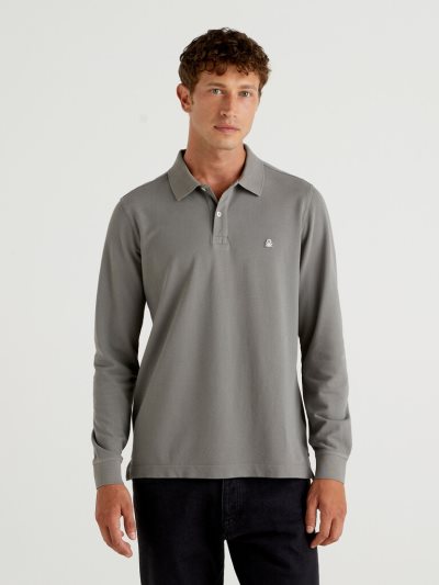 Dark Grey Men's Benetton Long Sleeve 100% Cotton Polo Shirts | AU274360