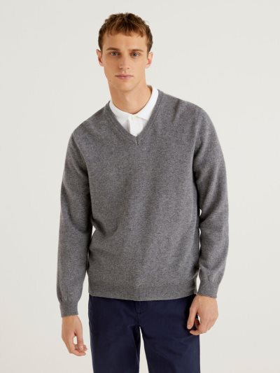 Dark Grey Men's Benetton Pure Merino Wool V-neck Sweaters | AU259389