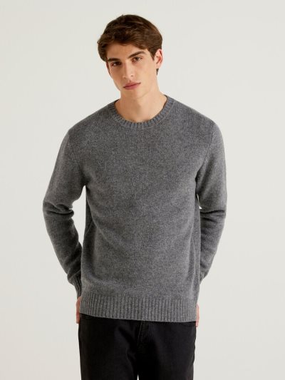 Dark Grey Men's Benetton Shetland Wool Crew Neck Sweaters | AU115731