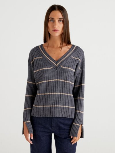 Dark Grey Women's Benetton Double Fit V-neck Sweaters | AU158463