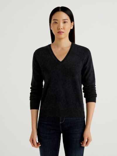 Dark Grey Women's Benetton Pure Merino Wool V-neck Sweaters | AU253672