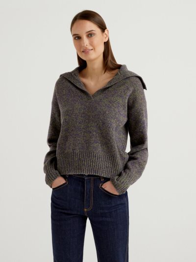 Dark Grey Women's Benetton Pure Tricot Shetland Wool V-neck Sweaters | AU113019