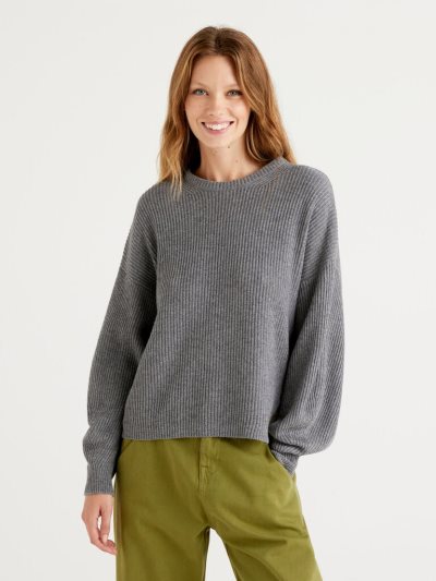 Dark Grey Women's Benetton Soft Slit Pattern Crew Neck Sweaters | AU087625