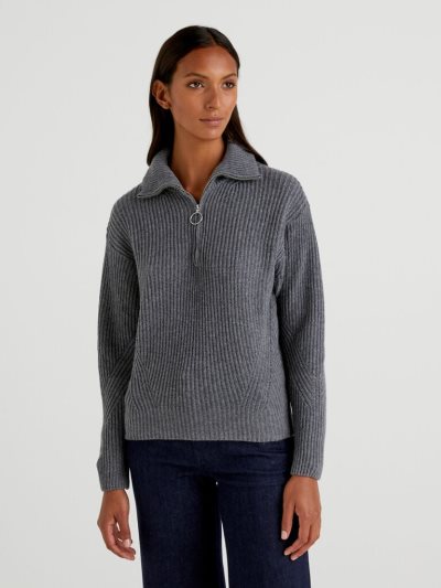 Dark Grey Women's Benetton Zip Opening V-neck Sweaters | AU808447