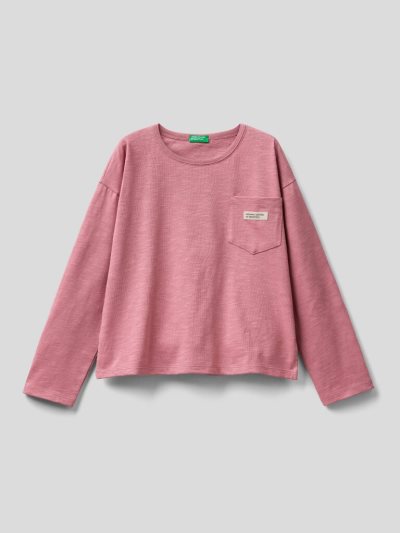 Dark Mauve Kids' Benetton Breast Pocket Organic Cotton Long Sleeve T-shirts | AU381988