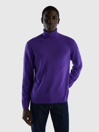 Deep Blue Men's Benetton Pure Merino Wool Turtleneck High Neck Sweaters | AU087031