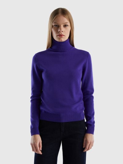 Deep Blue Women's Benetton Pure Merino Wool Turtleneck High Neck Sweaters | AU604700