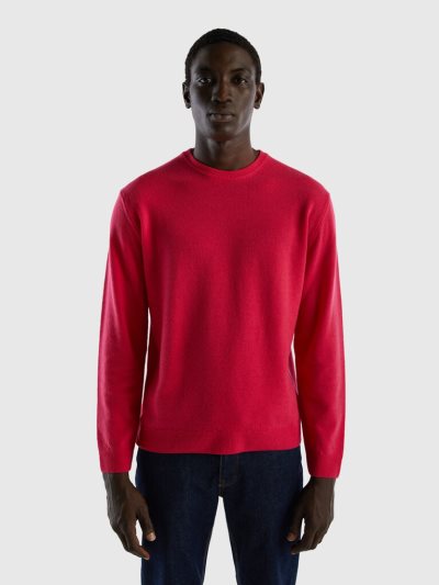 Deep Fuchsia Men's Benetton Crew Neck Pure Merino Wool Sweaters | AU238449