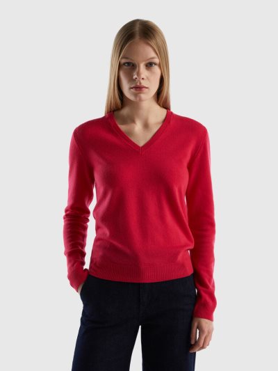 Deep Fuchsia Women's Benetton Pure Merino Wool V-neck Sweaters | AU503842