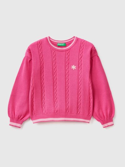 Fuchsia Kids' Benetton Cables And Embroidered Flower Sweaters | AU014986