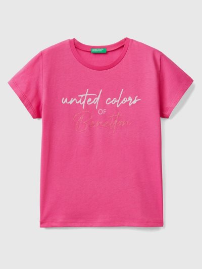 Fuchsia Kids' Benetton Glittery Logo Organic Cotton Short Sleeve T-shirts | AU594358