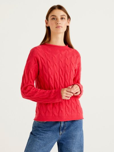 Fuchsia Women's Benetton Cable Knit High Neck Sweaters | AU333570