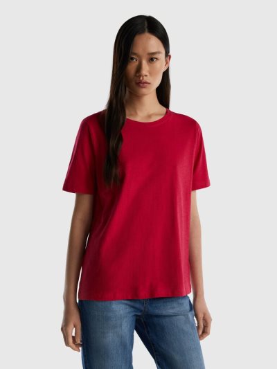 Fuchsia Women's Benetton Crew Neck Slub Cotton Short Sleeve T-shirts | AU347112