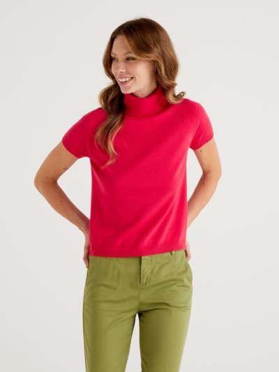 Fuchsia Women's Benetton Fuchsia Short Sleeve Turtleneck High Neck Sweaters | AU626191