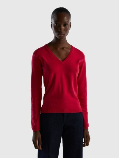 Fuchsia Women's Benetton Pure Cotton V-neck Sweaters | AU130244