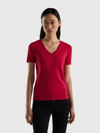 Fuchsia Women's Benetton Pure Cotton V-neck Short Sleeve T-shirts | AU741770