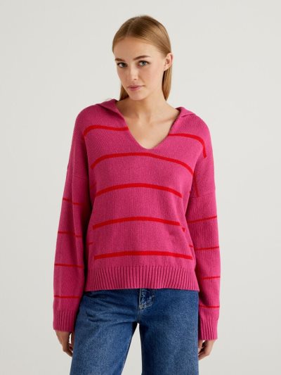 Fuchsia Women's Benetton Striped Polo V-neck Sweaters | AU248406