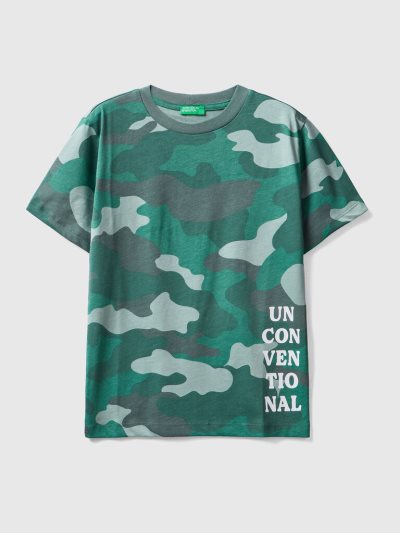 Green Kids' Benetton 100% Cotton Print Short Sleeve T-shirts | AU530041