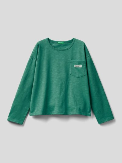 Green Kids' Benetton Breast Pocket Organic Cotton Long Sleeve T-shirts | AU239976