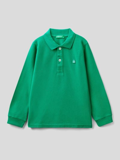 Green Kids' Benetton Organic Cotton Long Sleeve Polo Shirts | AU664018