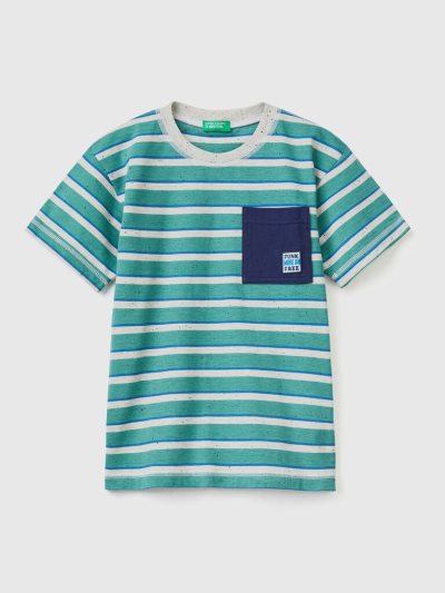 Green Kids' Benetton Striped Pocket Short Sleeve T-shirts | AU922629