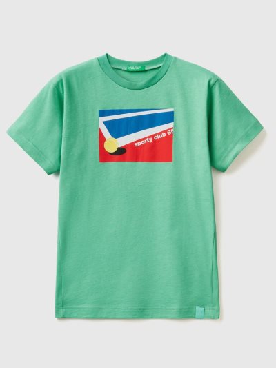 Green Kids' Benetton Tennis Print Short Sleeve T-shirts | AU786148