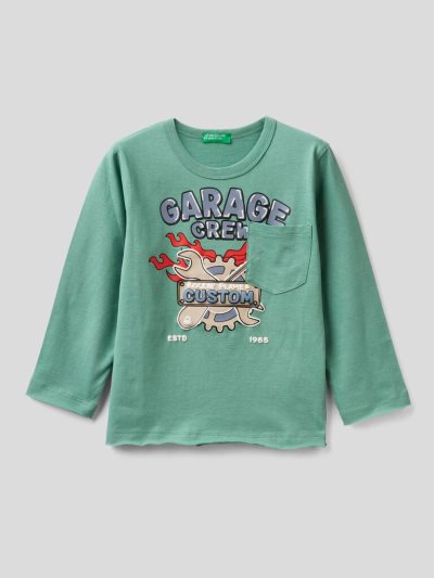 Green Kids' Benetton Warm Cotton Pocket Long Sleeve T-shirts | AU892730