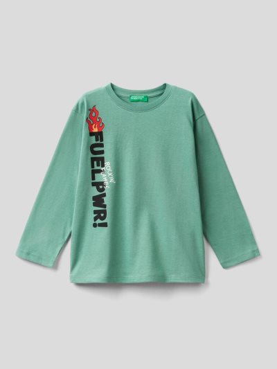 Green Kids' Benetton Warm Cotton Print Long Sleeve T-shirts | AU083806