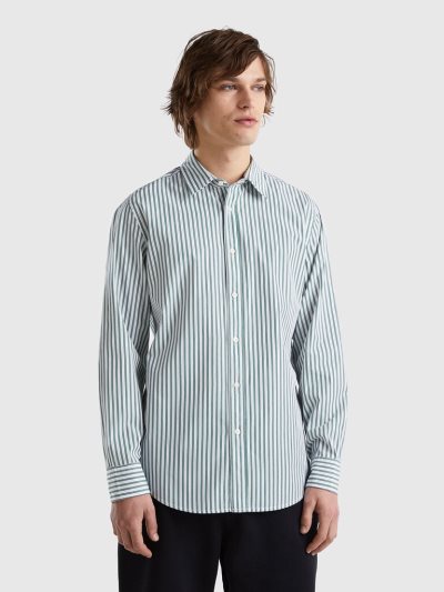 Green Men's Benetton 100% Organic Cotton Patterned Shirts | AU764923