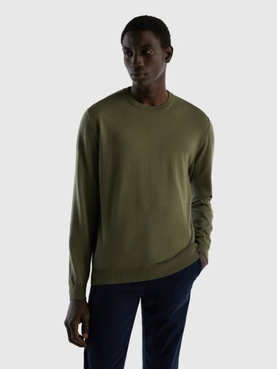 Green Men's Benetton Crew Neck 100% Cotton Sweaters | AU127101