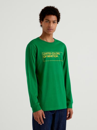 Green Men's Benetton Long Sleeve Logo Print T Shirts | AU270738