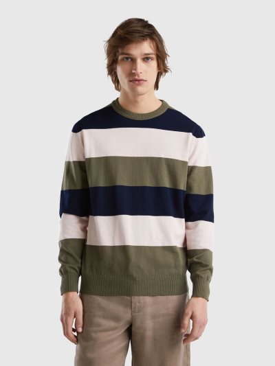 Green Men's Benetton Striped 100% Cotton Crew Neck Sweaters | AU349430