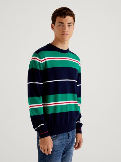 Green Men's Benetton Striped 100% Cotton Crew Neck Sweaters | AU762236