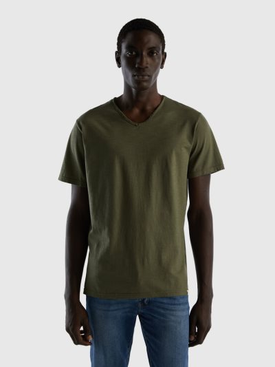 Green Men's Benetton V-neck 100% Cotton Short Sleeve T-shirts | AU681014