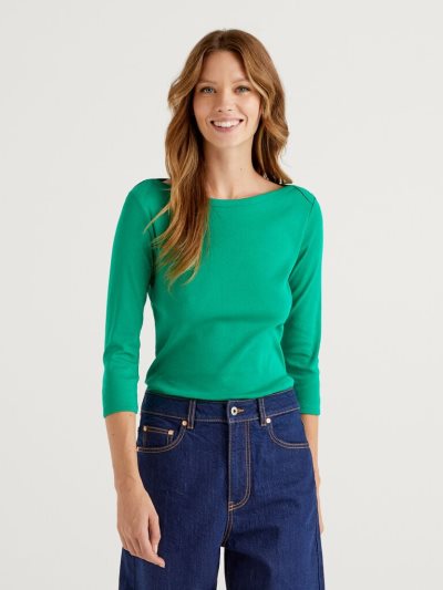 Green Women's Benetton 100% Cotton Boat Neck Long Sleeve T-shirts | AU003413