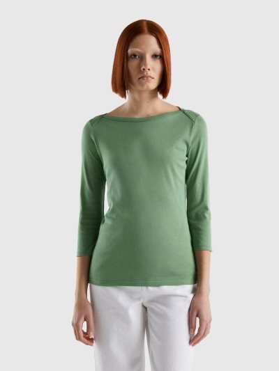 Green Women's Benetton 100% Cotton Boat Neck Long Sleeve T-shirts | AU594610