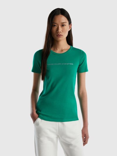 Green Women's Benetton 100% Cotton Glitter Print Logo Short Sleeve T-shirts | AU998763