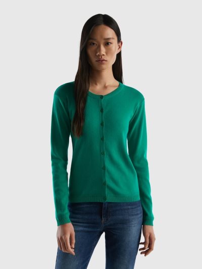 Green Women's Benetton Crew Neck Pure Cotton Cardigan | AU366771