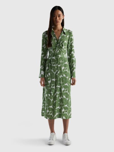 Green Women's Benetton Floral Shirt Dress Pure Viscose Dress | AU706641