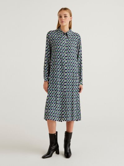 Green Women's Benetton Flowy Shirt Dress Retro Print Dress | AU205614