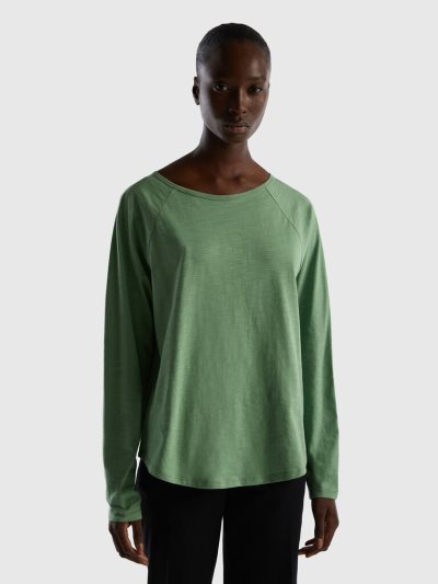 Green Women's Benetton Long Sleeve Pure Cotton T Shirts | AU406498