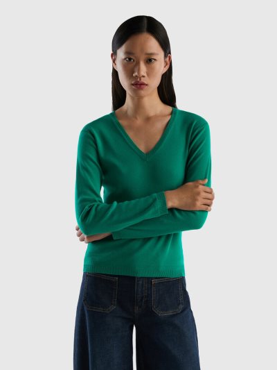 Green Women's Benetton Pure Cotton V-neck Sweaters | AU587970