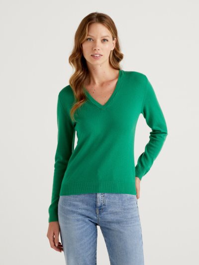 Green Women's Benetton Pure Merino Wool V-neck Sweaters | AU071078