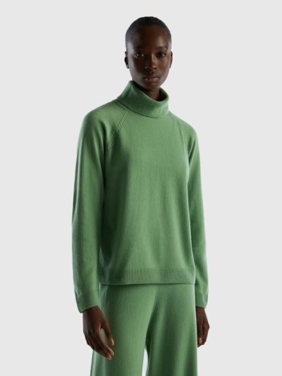 Green Women's Benetton Sage Green Wool And Cashmere Blend Turtleneck High Neck Sweaters | AU870623